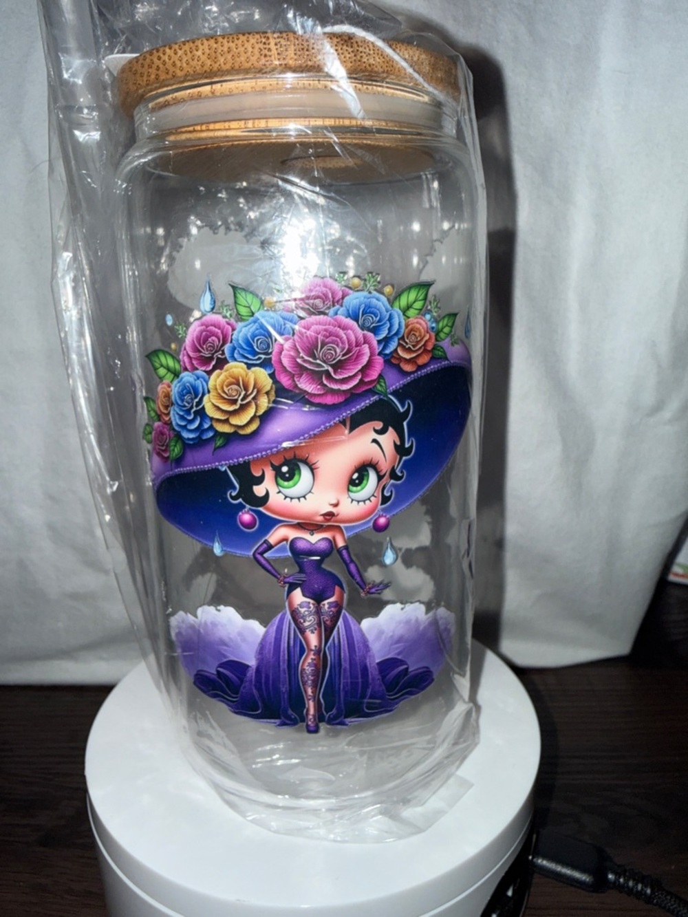 16 oz Glass Can Cup | Floral Girl Aesthetic Design | Bamboo Lid & Straw |